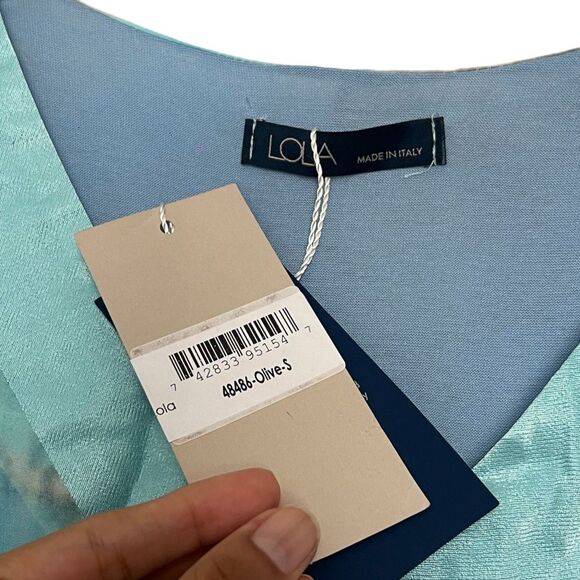 NWT LOLA V-Neck Aqua Drawstring Silk Animal Print Flowy Tunic Blouse S - Picture 3 of 8